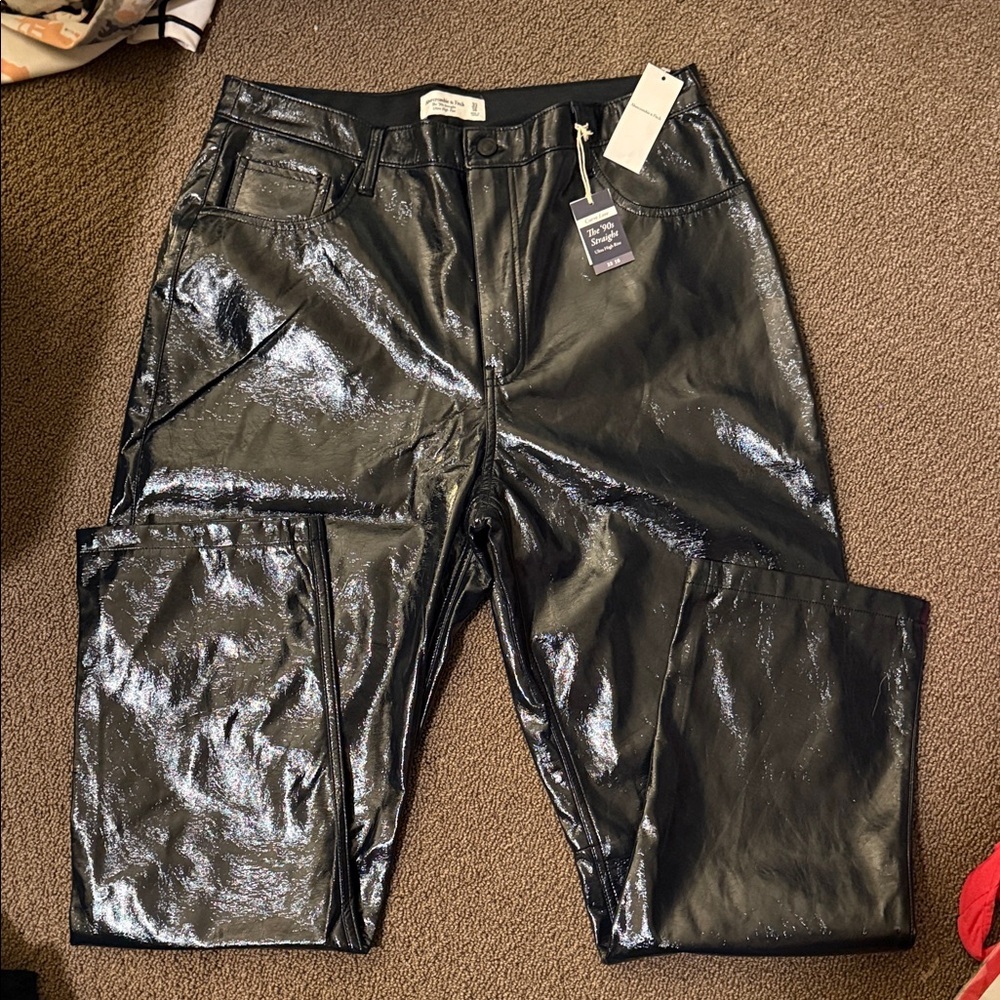 Abercrombie & Fitch Glossy Black Straight Pants vegan leather